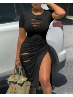 Ruched Split Hem Ripped Short Sleeve Dress -Women's Clothing Shop P 20240507113006317 954