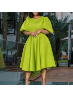 Patchwork A-line Puff Sleeve Midi Dress -Women's Clothing Shop P 20240508091502623 202