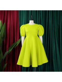 Patchwork A-line Puff Sleeve Midi Dress -Women's Clothing Shop P 20240508091503087 916