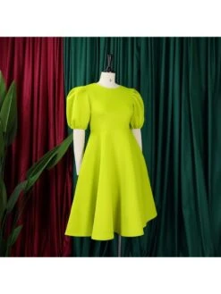 Patchwork A-line Puff Sleeve Midi Dress -Women's Clothing Shop P 20240508091503632 307