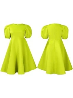 Patchwork A-line Puff Sleeve Midi Dress -Women's Clothing Shop P 20240508091507770 441