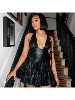 Ruched V Neck Halter Backless Mini Dress