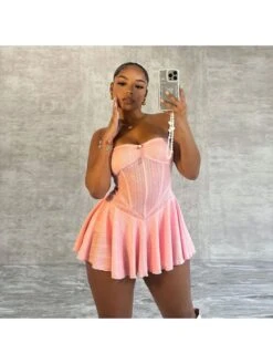 Patchwork Strapless Pleated Mini Dress