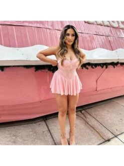 Patchwork Strapless Pleated Mini Dress -Women's Clothing Shop P 20240513103005408 276