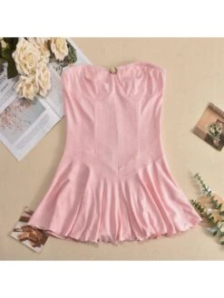 Patchwork Strapless Pleated Mini Dress -Women's Clothing Shop P 20240513103008382 542