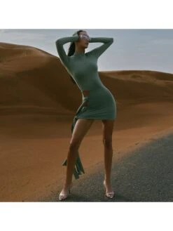 Patchwork Hollow Out Lace-Up Long Sleeves Dress -Women's Clothing Shop P 20240513112027951 733