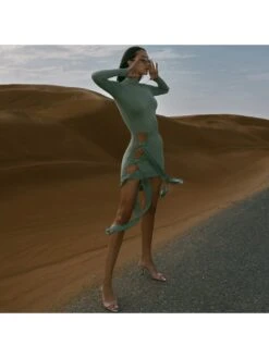 Patchwork Hollow Out Lace-Up Long Sleeves Dress -Women's Clothing Shop P 20240513112028369 820