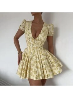 Flower Lace Up Mid-rise Short Sleeve Dress