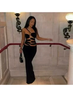 Hollow Out Bandage One Shoulder Maxi Dress