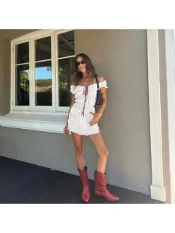 Lace Up Ruched V Neck Mini Dress -Women's Clothing Shop P 20240514091002270 175