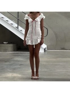 Lace Up Ruched V Neck Mini Dress -Women's Clothing Shop P 20240514091004009 674