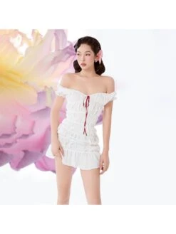 Lace Up Ruched V Neck Mini Dress -Women's Clothing Shop P 20240514091005173 442