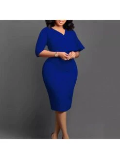Ruffle Solid Color V Neck Midi Dress -Women's Clothing Shop P 20240514134002249 571