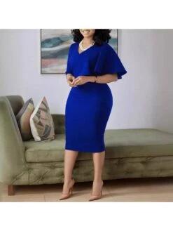 Ruffle Solid Color V Neck Midi Dress -Women's Clothing Shop P 20240514134002710 617