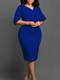 Ruffle Solid Color V Neck Midi Dress -Women's Clothing Shop P 20240514134003890 799