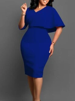 Ruffle Solid Color V Neck Midi Dress -Women's Clothing Shop P 20240514134004455 311