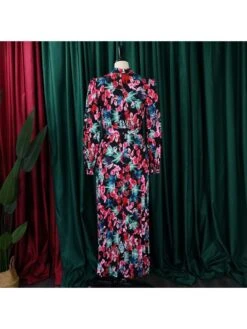 Flower Tie-wrap One Button Long Sleeves Dress -Women's Clothing Shop P 20240514141519725 326