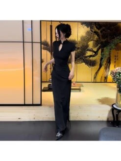 Mandarin Collar Split Hem Maxi Dress -Women's Clothing Shop P 20240514173501756 414