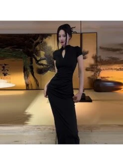 Mandarin Collar Split Hem Maxi Dress -Women's Clothing Shop P 20240514173502408 572