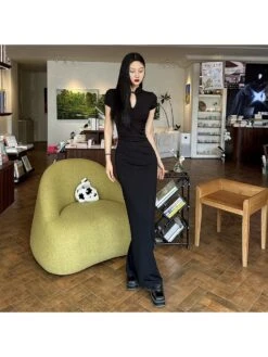 Mandarin Collar Split Hem Maxi Dress -Women's Clothing Shop P 20240514173502848 380