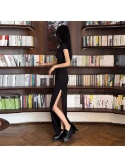 Mandarin Collar Split Hem Maxi Dress -Women's Clothing Shop P 20240514173504070 910