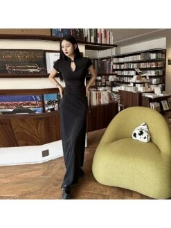 Mandarin Collar Split Hem Maxi Dress -Women's Clothing Shop P 20240514173504532 575