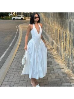 Ruched Halter Deep V Neck Backless Dress -Women's Clothing Shop P 20240515160006165 435