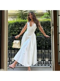 Ruched Halter Deep V Neck Backless Dress -Women's Clothing Shop P 20240515160006826 999