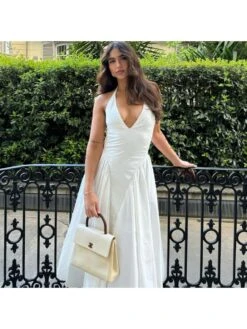 Ruched Halter Deep V Neck Backless Dress -Women's Clothing Shop P 20240515160007454 132