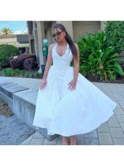 Ruched Halter Deep V Neck Backless Dress -Women's Clothing Shop P 20240515160010304 543