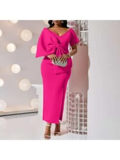 Bow Split Hem V Neck Short Sleeve Dress