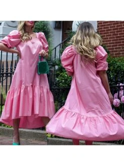 Ruffle Square Neck Puff Sleeve Loose Dress -Women's Clothing Shop P 20240516150006072 307