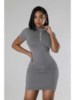 Mock Neck Zipper Short Sleeve Mini Dress