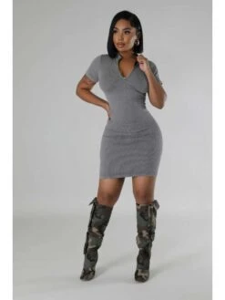 Mock Neck Zipper Short Sleeve Mini Dress -Women's Clothing Shop P 20240516152519461 759