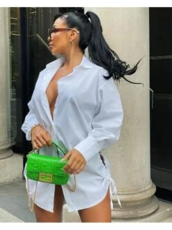 Drawstring Lace Up Lapel Shirt Dress -Women's Clothing Shop P 20240517151601013 669