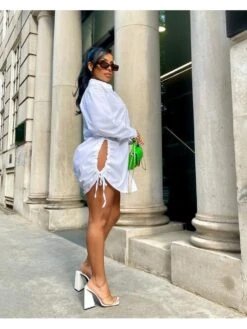 Drawstring Lace Up Lapel Shirt Dress -Women's Clothing Shop P 20240517151601562 682