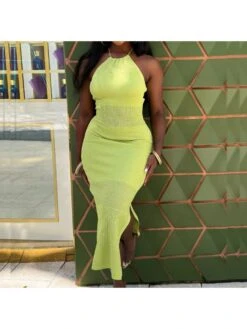 Knitted Halter Lace Up Backless Maxi Dress