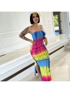 Colorblock Tie Dye Strapless Maxi Dress