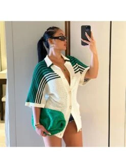 Colorblock Striped Single Breasted Short Sleeve Dress -Women's Clothing Shop P 20240522090004323 888