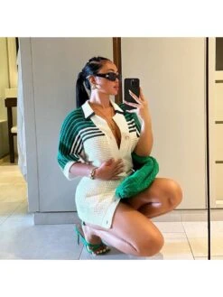 Colorblock Striped Single Breasted Short Sleeve Dress -Women's Clothing Shop P 20240522090004992 335