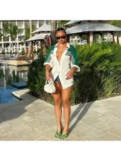 Colorblock Striped Single Breasted Short Sleeve Dress -Women's Clothing Shop P 20240522090006338 454