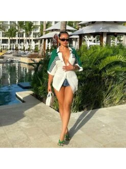 Colorblock Striped Single Breasted Short Sleeve Dress -Women's Clothing Shop P 20240522090007119 241