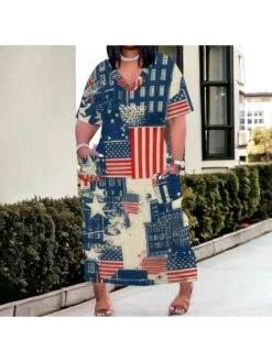 Printed V Neck Short Sleeve Dress -Women's Clothing Shop P 20240522093002708 492