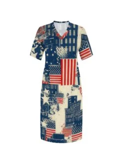 Printed V Neck Short Sleeve Dress -Women's Clothing Shop P 20240522093004052 545