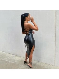 PU Patchwork Lace Up Backless Dress -Women's Clothing Shop P 20240522112029022 214