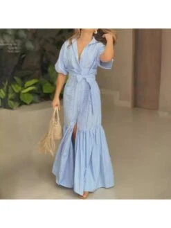 Lace Up Striped Single Breasted Dress -Women's Clothing Shop P 20240522145022450 742