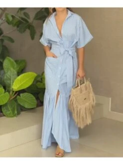 Lace Up Striped Single Breasted Dress -Women's Clothing Shop P 20240522145023421 186