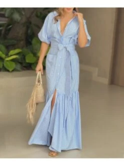 Lace Up Striped Single Breasted Dress -Women's Clothing Shop P 20240522145023924 832