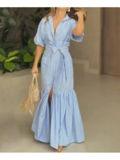 Lace Up Striped Single Breasted Dress -Women's Clothing Shop P 20240522145024427 826