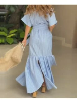 Lace Up Striped Single Breasted Dress -Women's Clothing Shop P 20240522145024984 721